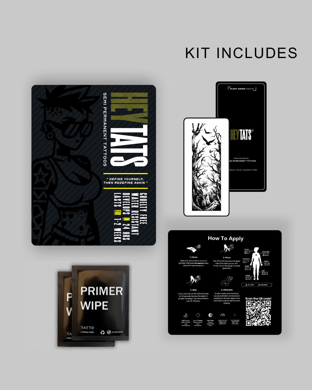HeyTats Forest of Lost Things semi permanent tattoo kit including tattoo sheet prep wipe pouch and instructions
