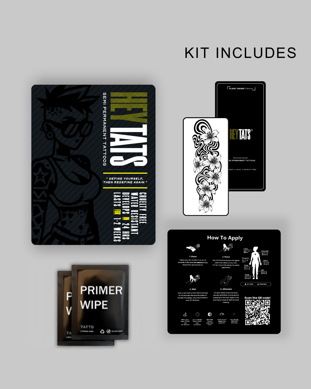 HeyTats Hypnotic Meditation semi permanent tattoo kit including tattoo sheet prep wipe pouch and instructions