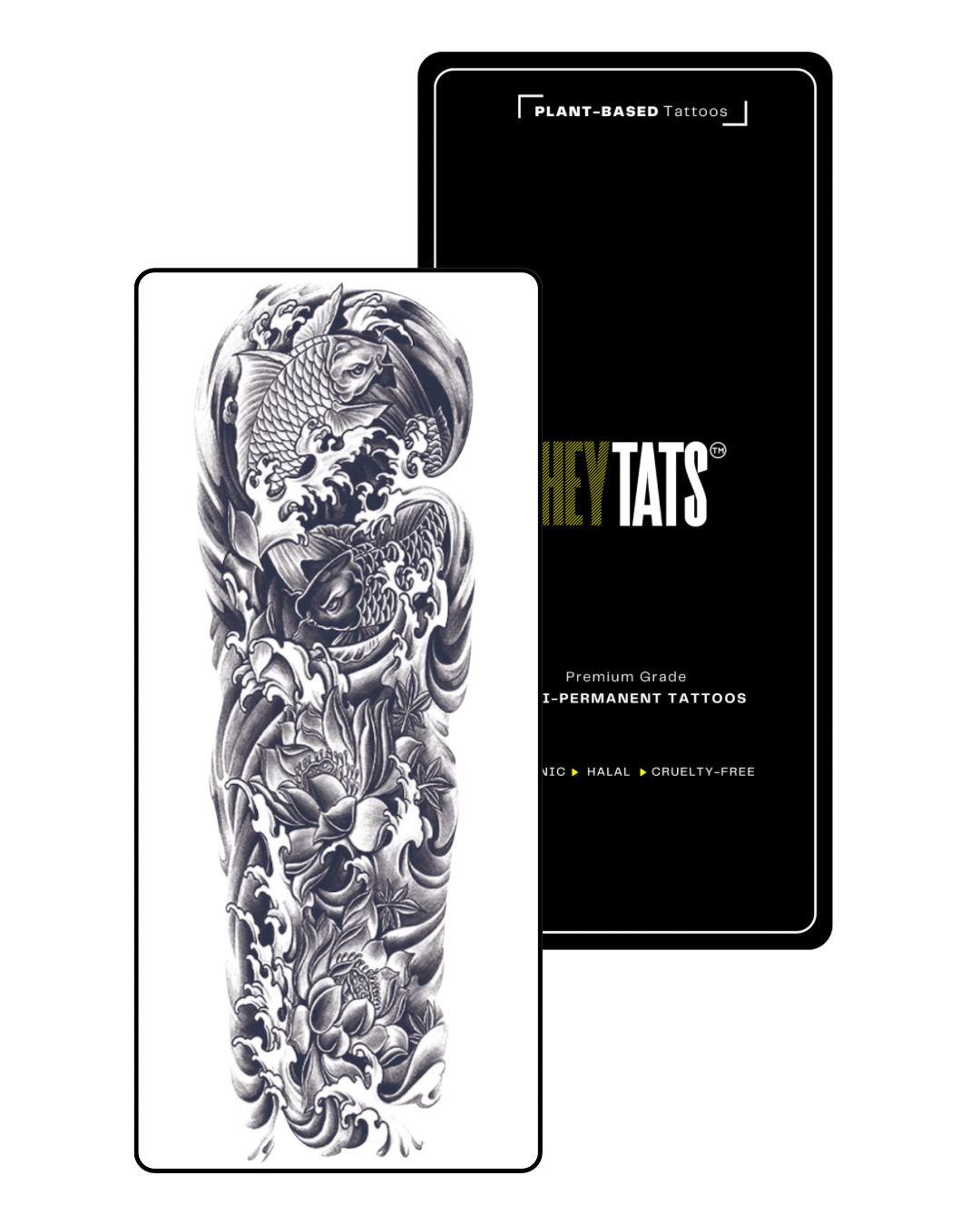 HeyTats Japanese Koi full sleeve semi permanent tattoo design on white background