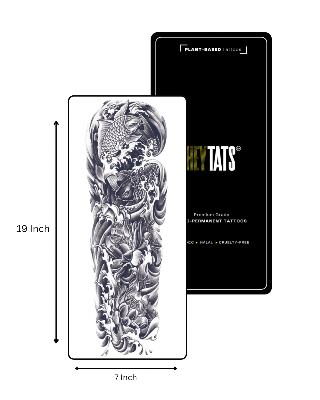 HeyTats Japanese Koi full sleeve semi permanent tattoo design with size dimensions