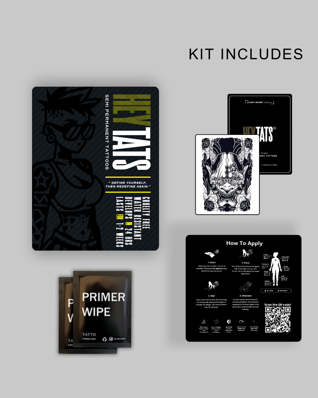 HeyTats Japanese Oni half sleeve semi permanent tattoo kit including tattoo sheet prep wipe pouch and instructions
