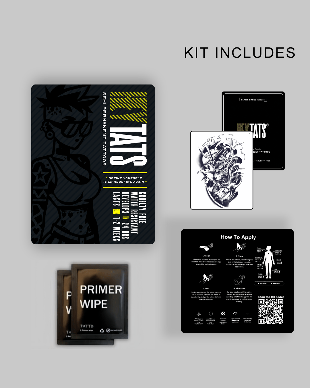 HeyTats Japanese Tiger half sleeve semi permanent tattoo kit including tattoo sheet prep wipe pouch and instructions
