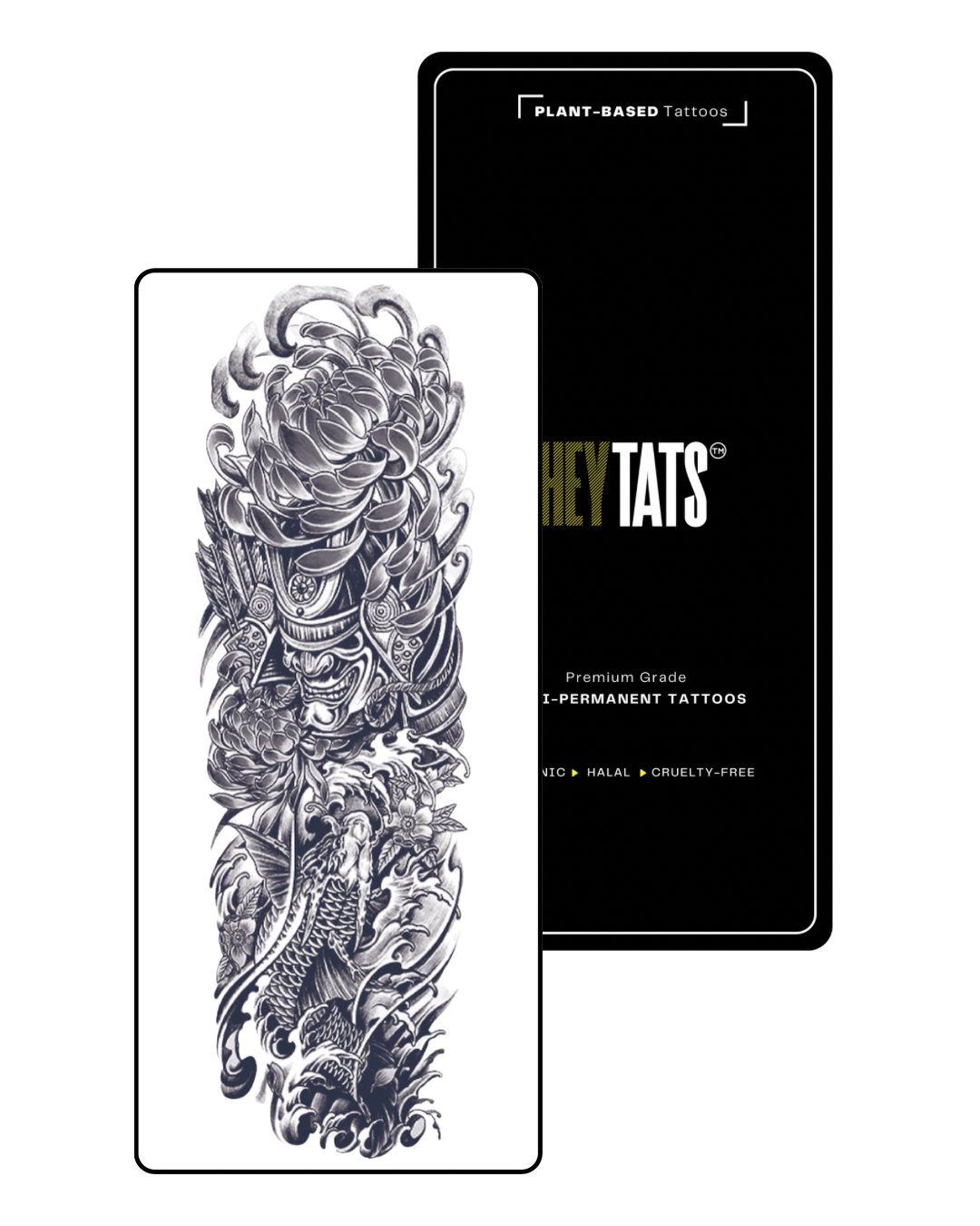HeyTats Japanese Warrior Legacy full sleeve semi permanent tattoo design on white background
