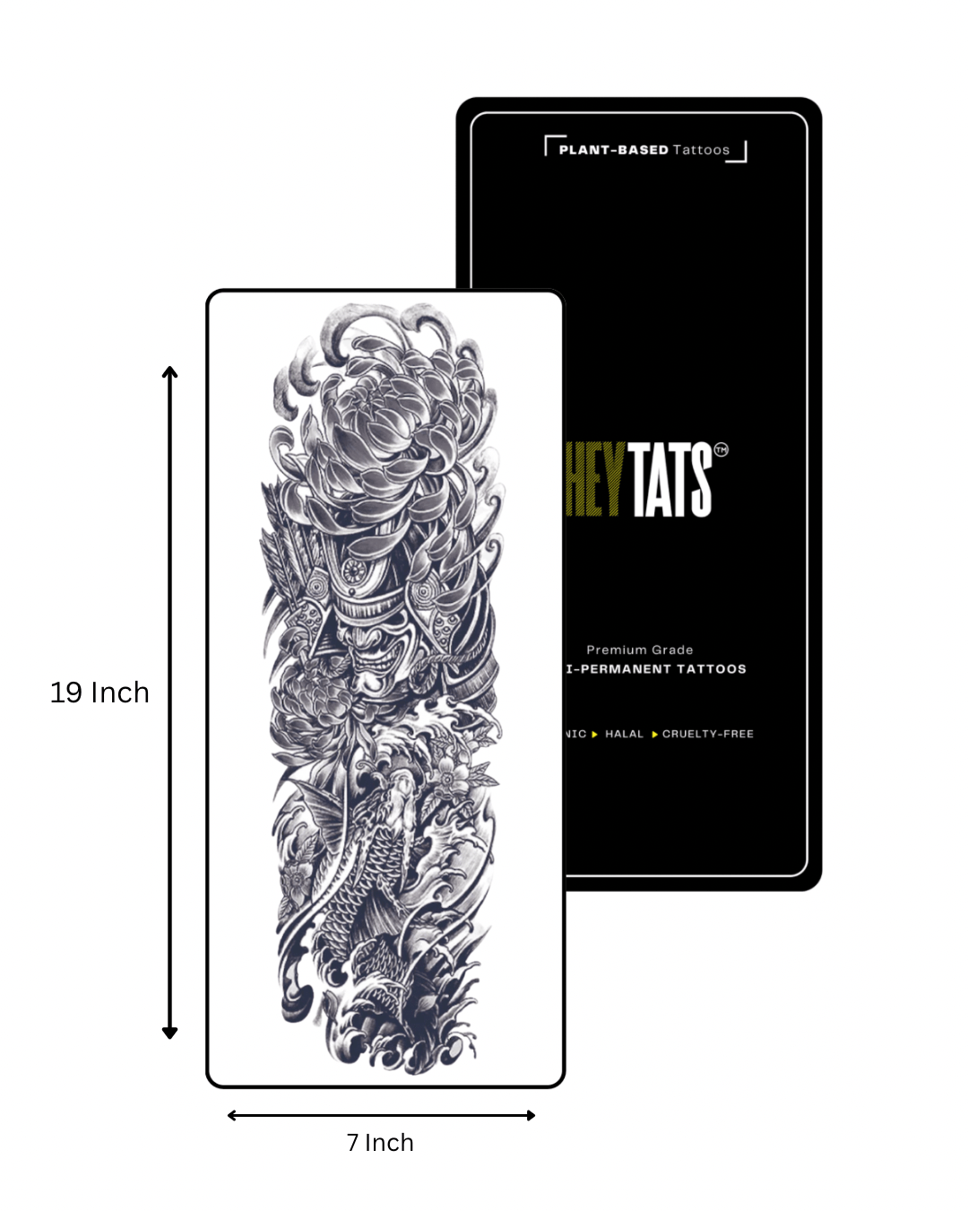 HeyTats Japanese Warrior Legacy full sleeve semi permanent tattoo design with size dimensionn