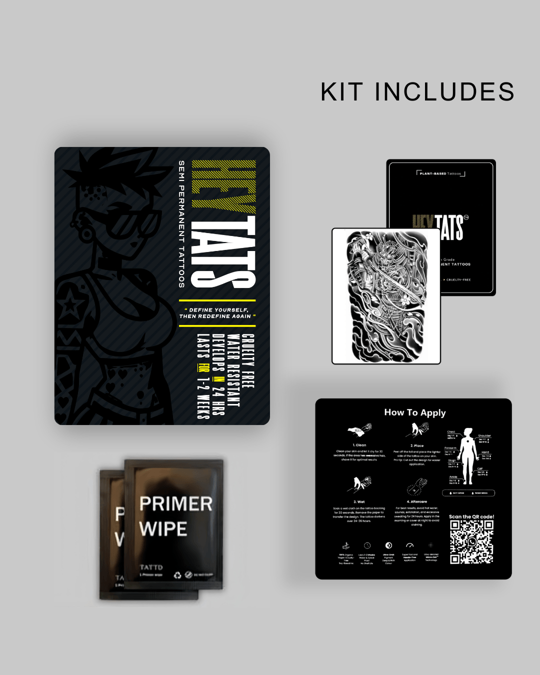 HeyTats Samurai Code of Silence half sleeve semi permanent tattoo kit including tattoo sheet prep wipe pouch and instructions