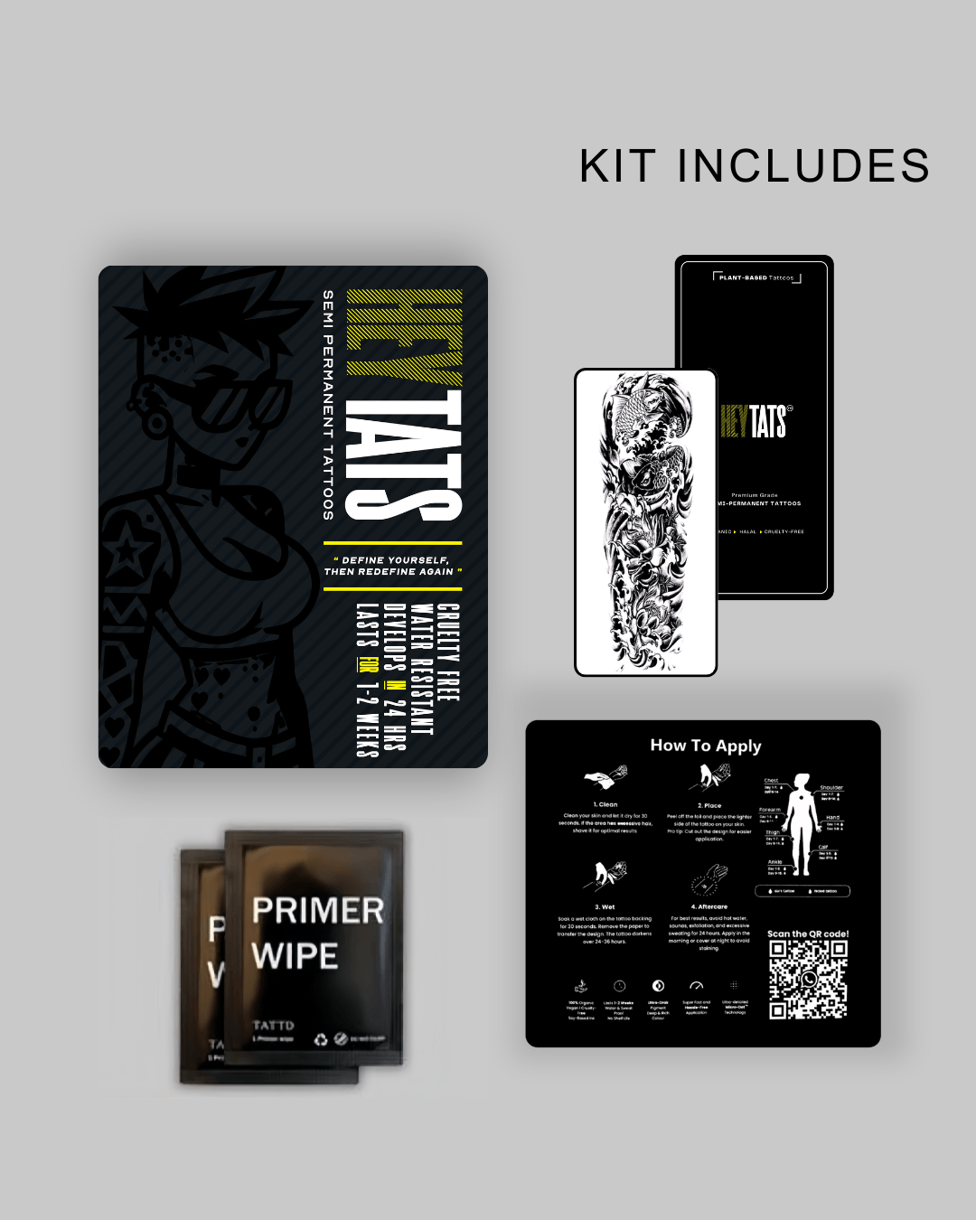HeyTats semi permanent tattoo application kit including tattoo sheet prep wipe pouch and instructions